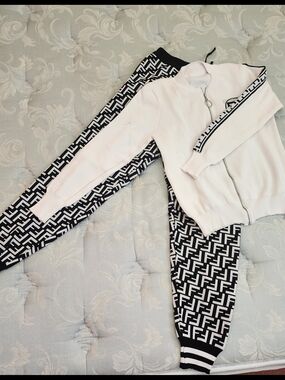 White Zip-Front Track Jacket with Black Patterned Joggers